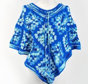 granny square crochet poncho blue with tassels hippie boho festival OS handmade